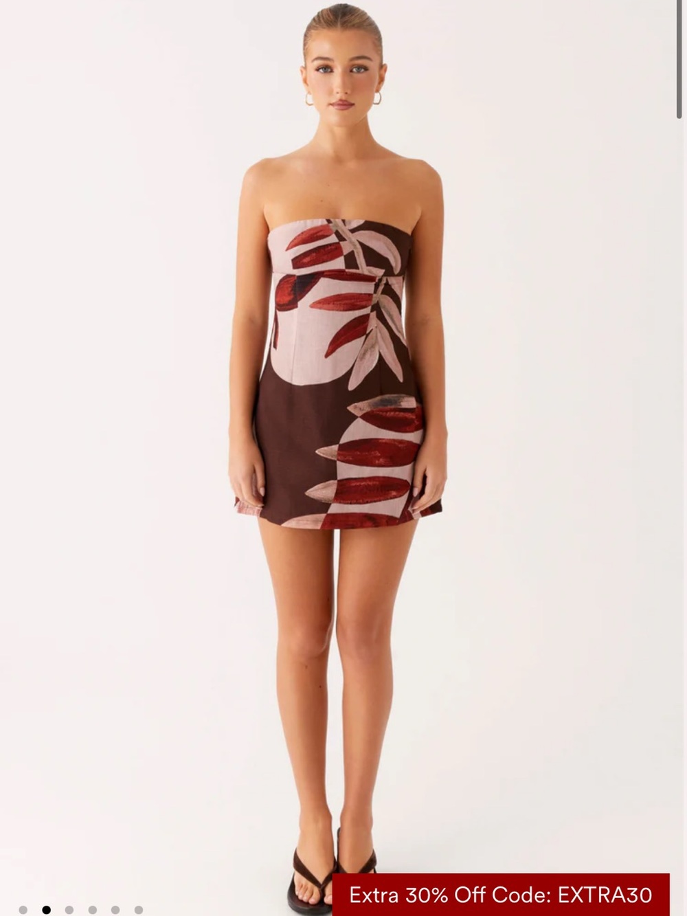 Peppermayo Strapless Brown Floral Print Midi Dress with Pink and Red Leaves - Picture 2 of 5